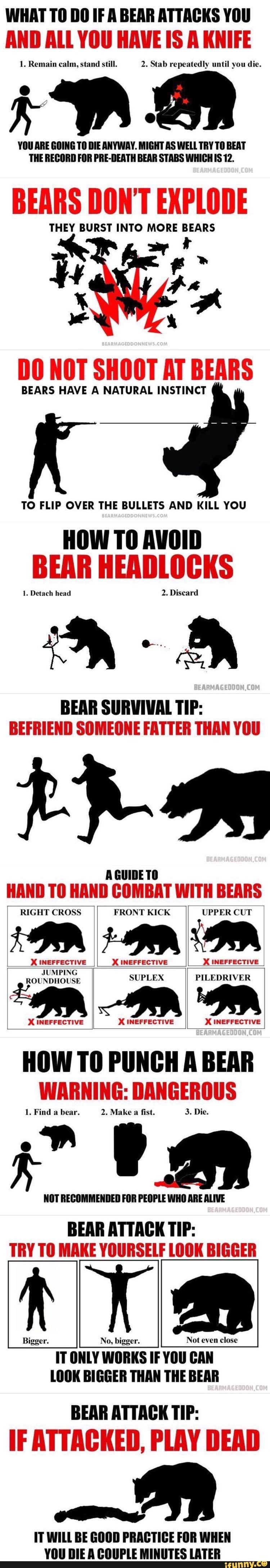 WHAT T0 DO IF A BEAR ATTACKS YOU 1 Remain calm stand still 2 Stab repeatedly until you die i R YOU ARE GOING TO DIE ANYWAY MIGHT AS WELL TRY TO BEAT THE RECORD FOR PRE DEATH BEAR STABS WHICH IS 12 THEY BURST INTO MORE BEARS BEARS HAVE A NATURAL INSTINCT TO FLIP OVER THE BULLETS AND KILL YOU HOW TO AVOID 1 Detach head a 2 Discard BEAR SURVIVAL TIP 15 AGUIDETO RIGHT CROSS JUMPING ROUNDHOUSE FRONT KI