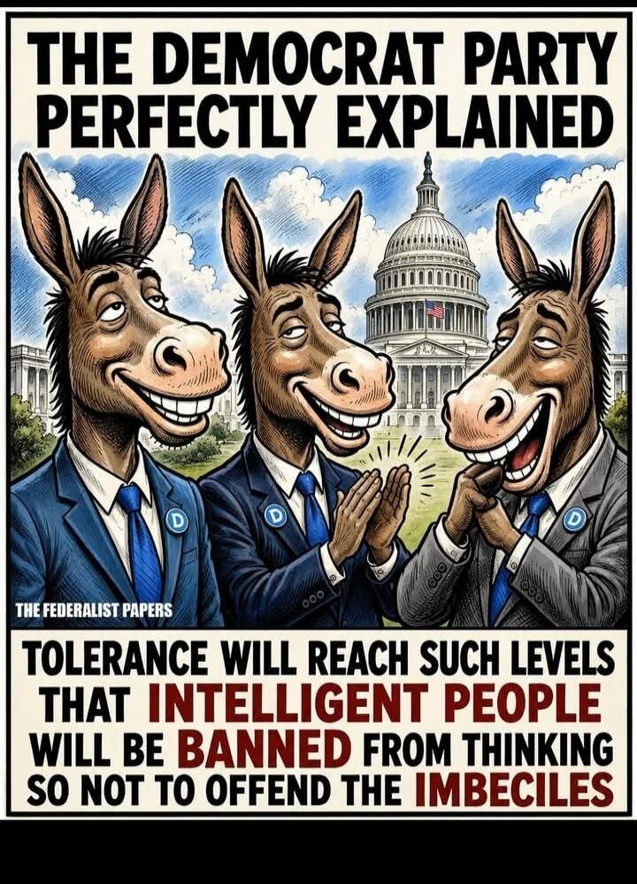 THE DEMOCRAT PARTY PERFECTLY EXPLAINED THE FEDERALIST PAPERS TOLERANCE WILL REACH SUCH LEVELS THAT INTELLIGENT PEOPLE WILL BE BANNED FROM THINKING SO NOT TO OFFEND THE IMBECILES