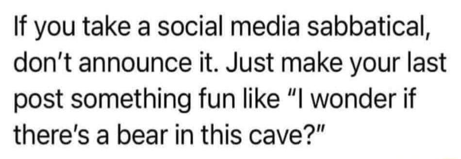 If you take a social media sabbatical dont announce it Just make your last post something fun like I wonder if theres a bear in this cave