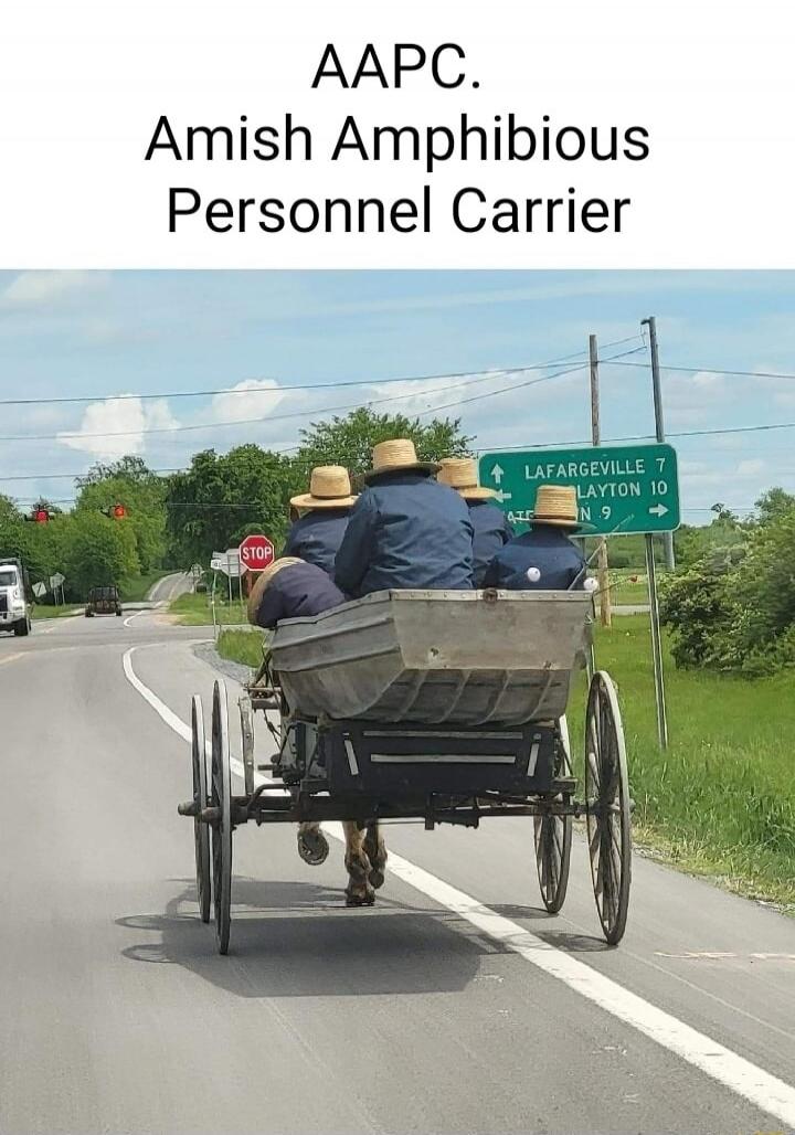 AAPC. Amish Amphibious Personnel Carrier. A horse-drawn buggy with a boat as the carriage, carrying several people in straw hats, is on a road. A road sign indicates directions to Lafargeville and Layton.