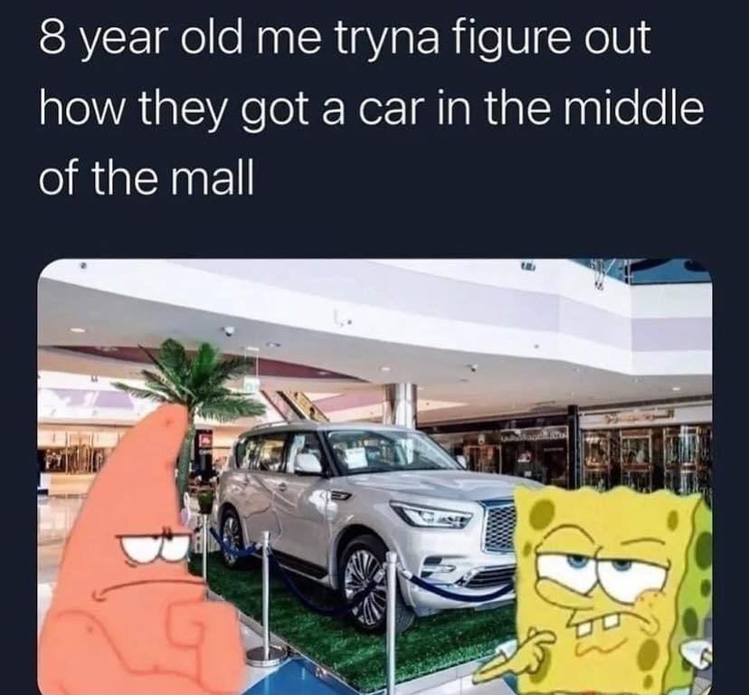8 year old me tryna figure out how they got a car in the middle of the mall