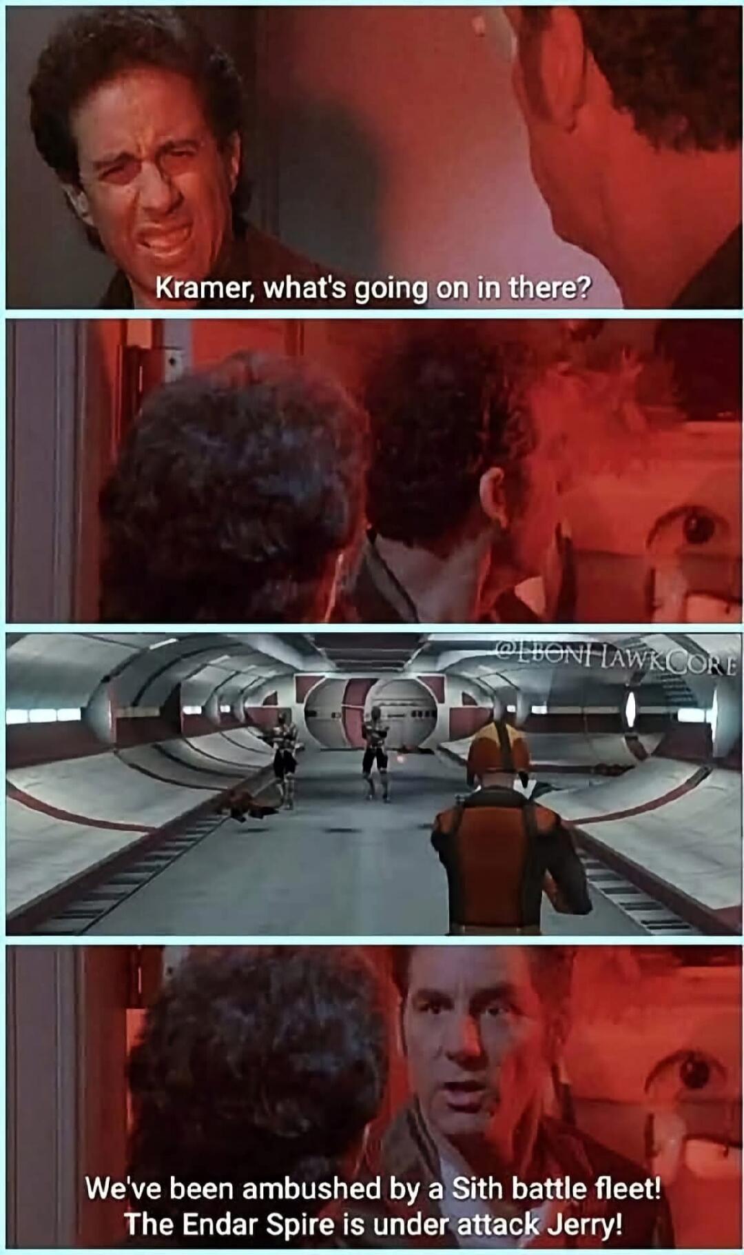 Kramer, what's going on in there? We've been ambushed by a Sith battle fleet! The Endar Spire is under attack Jerry!