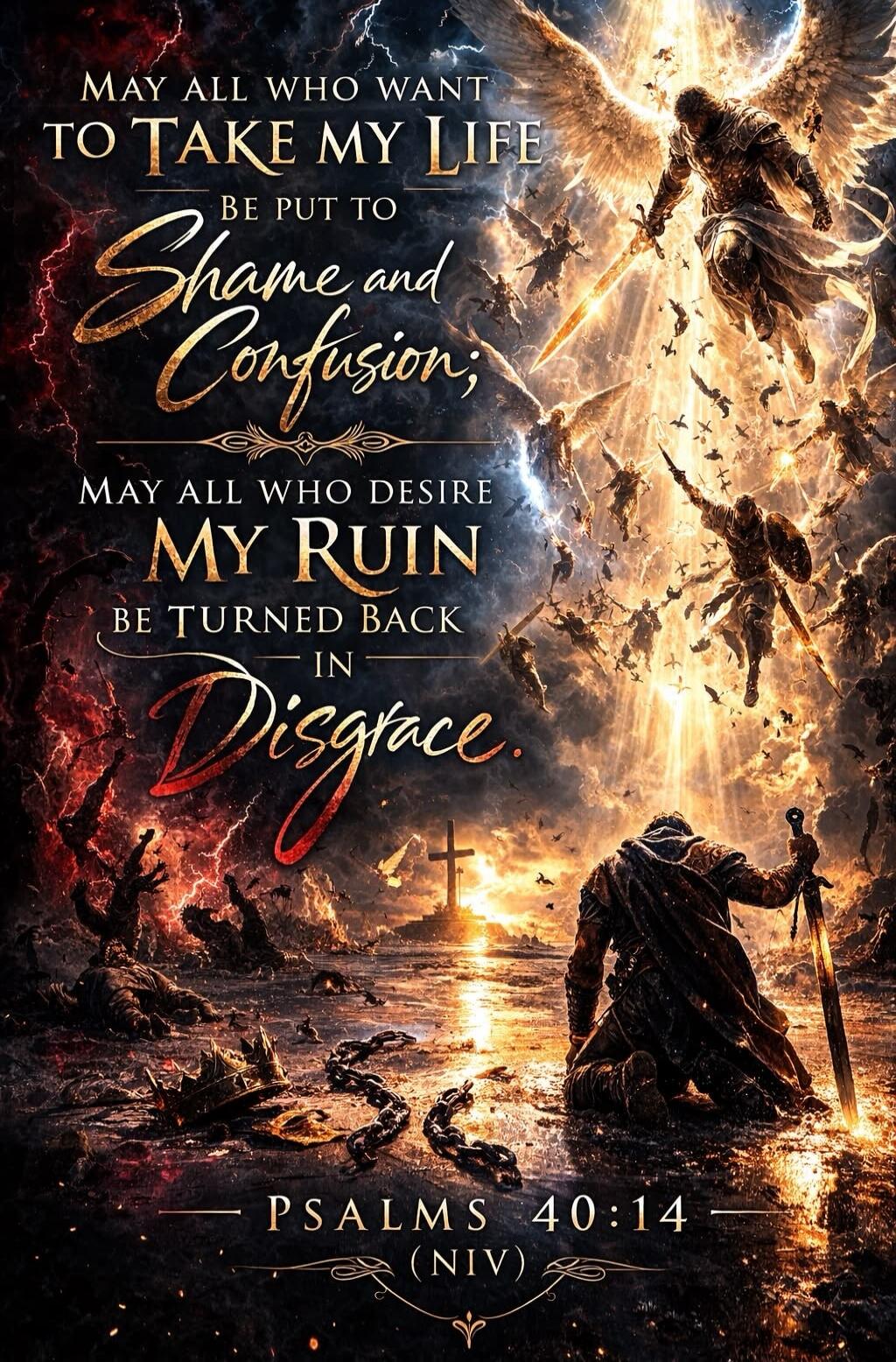 MAY ALL WHO WANT TO TAKE MY LIFE BE PUT TO Shame and Confusion; MAY ALL WHO DESIRE MY RUIN BE TURNED BACK IN Disgrace. PSALMS 40:14 (NIV)