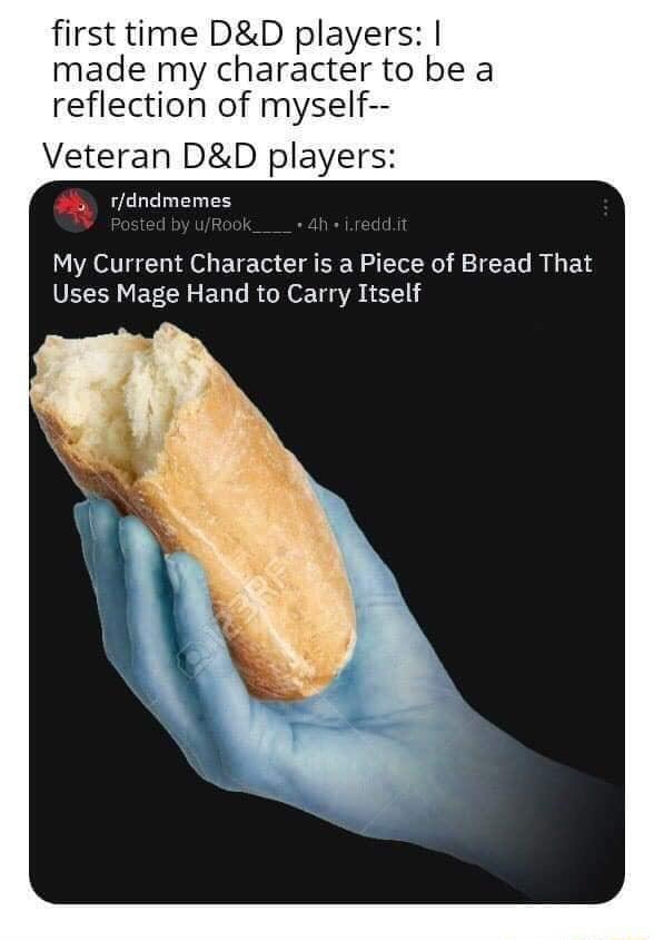 first time DD players made my character to be a reflection of myself Veteran DD players Q rdndmemes My Current Character is a Piece of Bread That Uses Mage Hand to Carry Itself