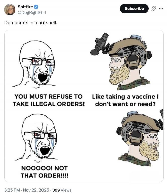 Spitfire @DogRightGirl: Democrats in a nutshell. YOU MUST REFUSE TO TAKE ILLEGAL ORDERS! Like taking a vaccine I don’t want or need? NOOOO! NOT THAT ORDER!!!!