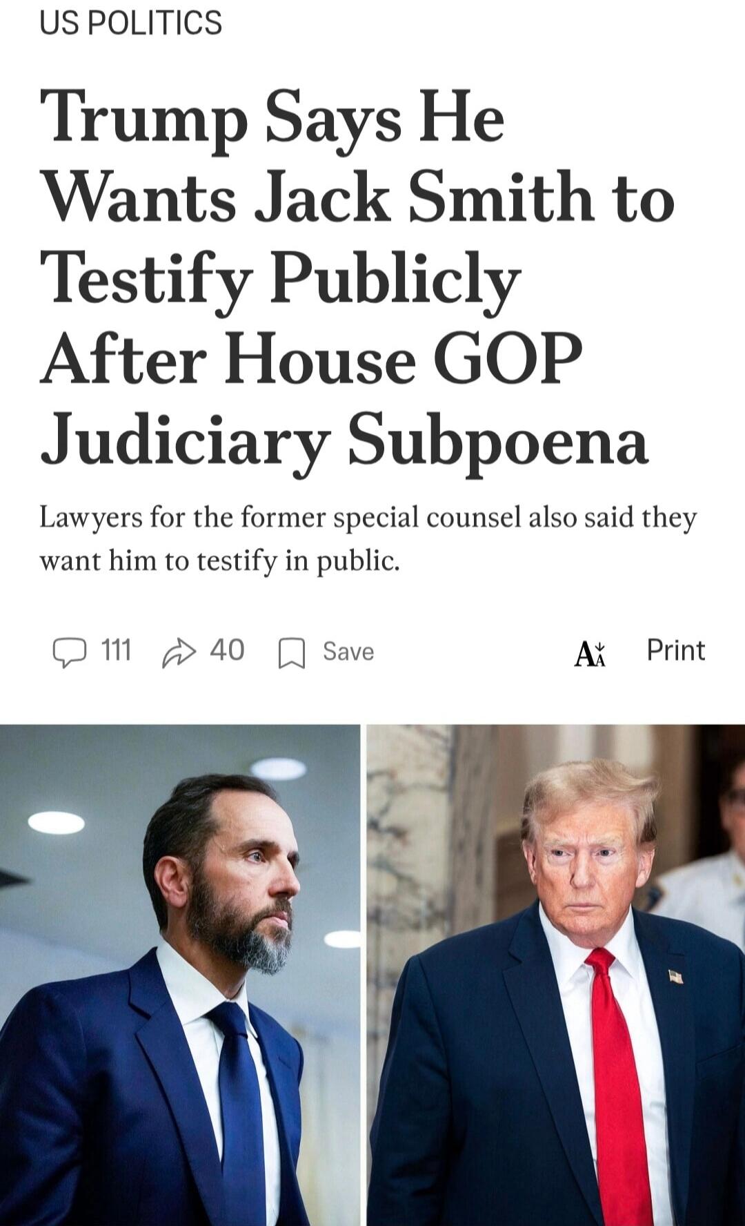 US POLITICS
Trump Says He Wants Jack Smith to Testify Publicly After House GOP Judiciary Subpoena
Lawyers for the former special counsel also said they want him to testify in public.