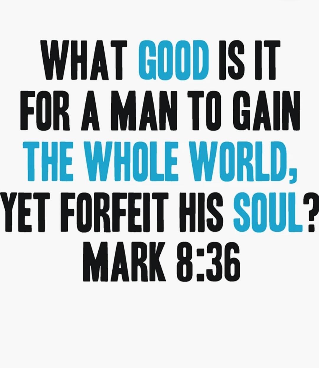 WHAT GOOD IS IT FOR A MAN TO GAIN THE WHOLE WORLD, YET FORFEIT HIS SOUL? MARK 8:36
