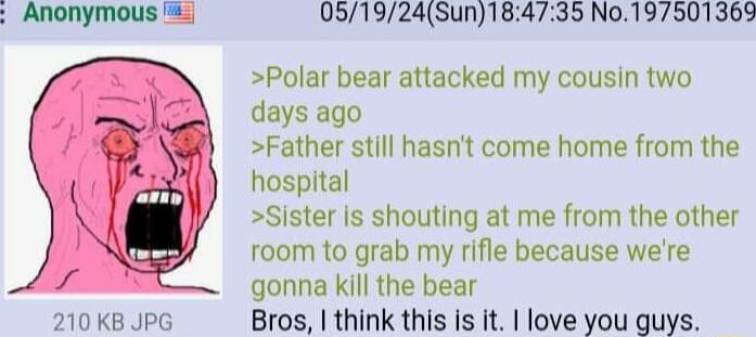 210 KB JPG 051924Sun184735 No197501369 Polar bear attacked my cousin two days ago Father still hasnt come home from the hospital Sister Is shouting at me from the other room to grab my rifle because were gonna kill the bear Bros think this is it love you guys