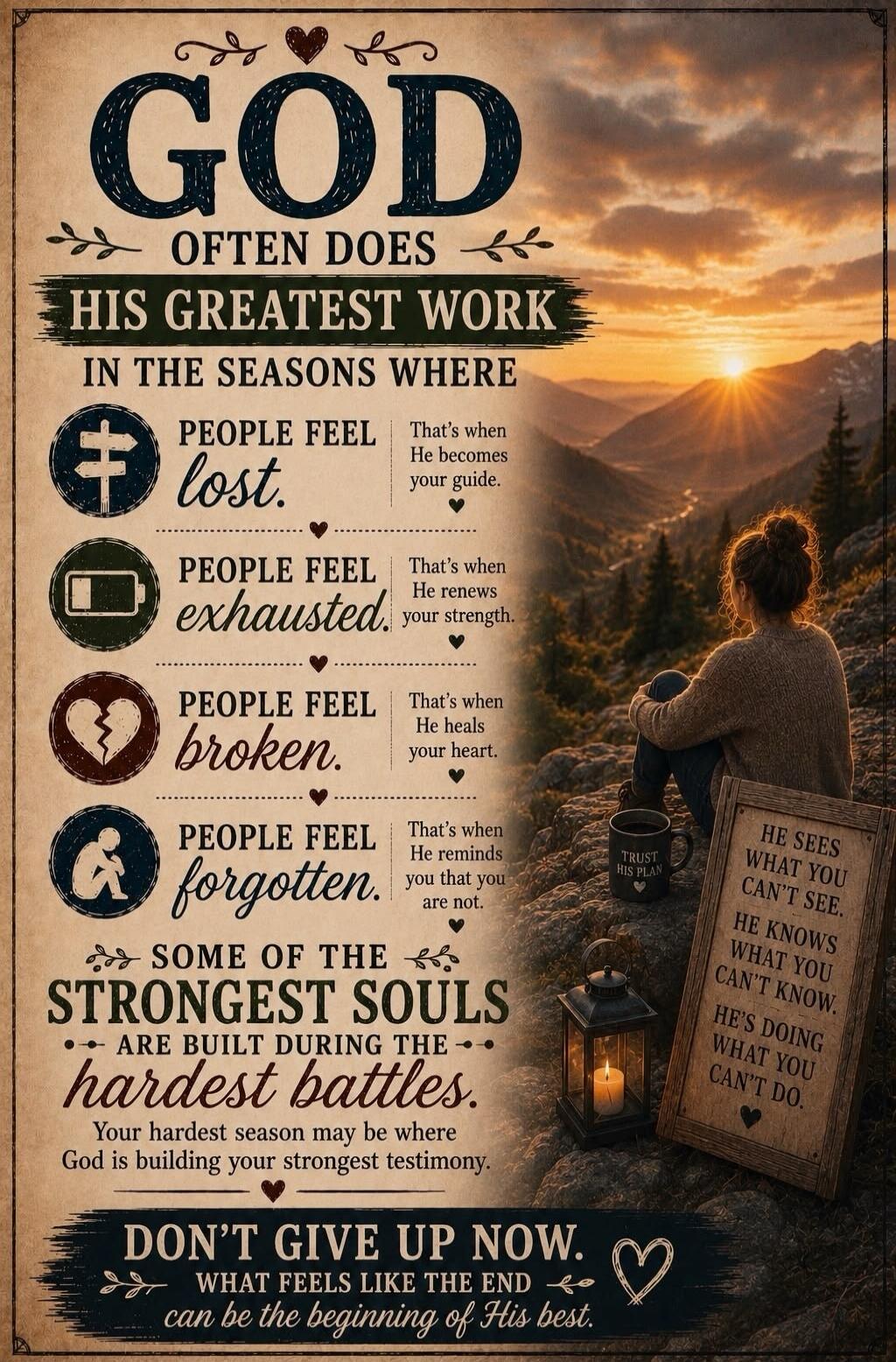 GOD OFTEN DOES HIS GREATEST WORK IN THE SEASONS WHERE PEOPLE FEEL lost. That's when He becomes your guide. PEOPLE FEEL exhausted. That's when He renews your strength. PEOPLE FEEL broken. That's when He heals your heart. PEOPLE FEEL forgotten. That's when He reminds you that you are not. SOME OF THE STRONGEST SOULS ARE BUILT DURING THE hardest battl