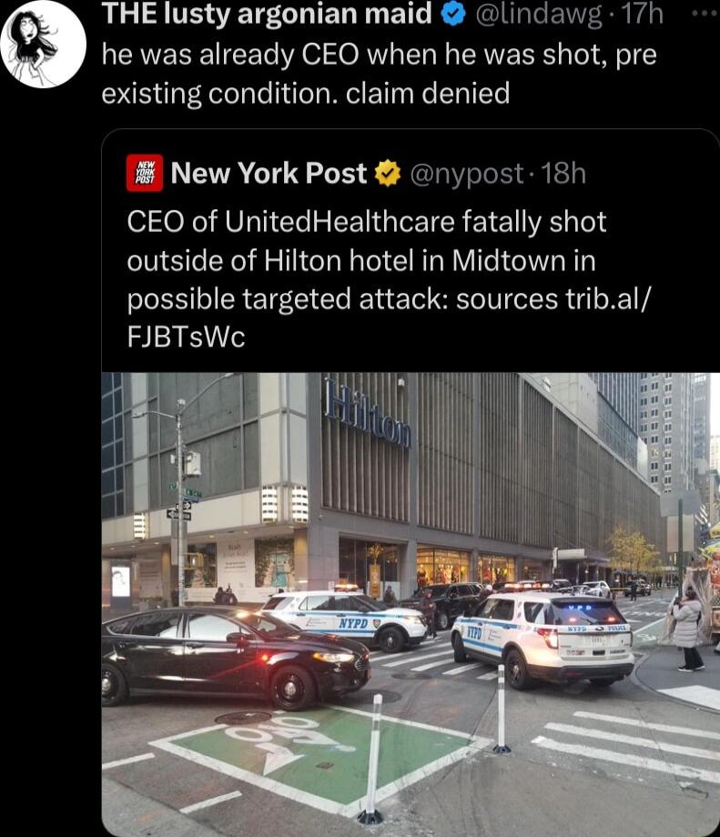 THE lusty argonian maid lindawg 17h he was already CEO when he was shot pre existing condition claim denied New York Post nypost 18h CEO of UnitedHealthcare fatally shot outside of Hilton hotel in Midtown in possible targeted attack sources tribal FJBTsWc