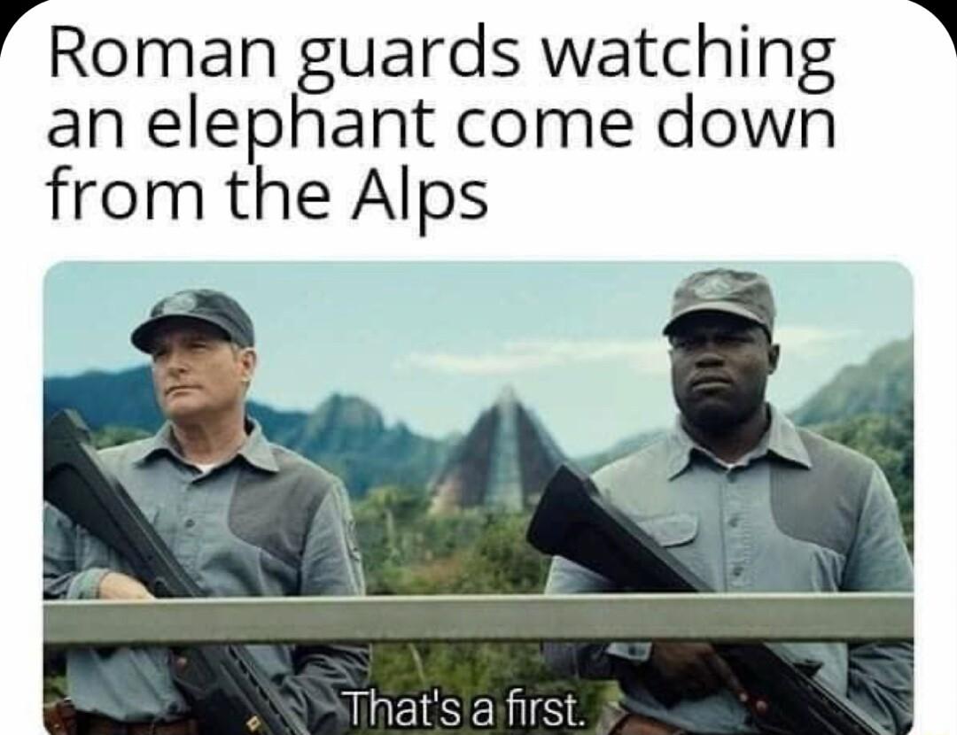 Roman guards watching R an elephant come down from the Alps