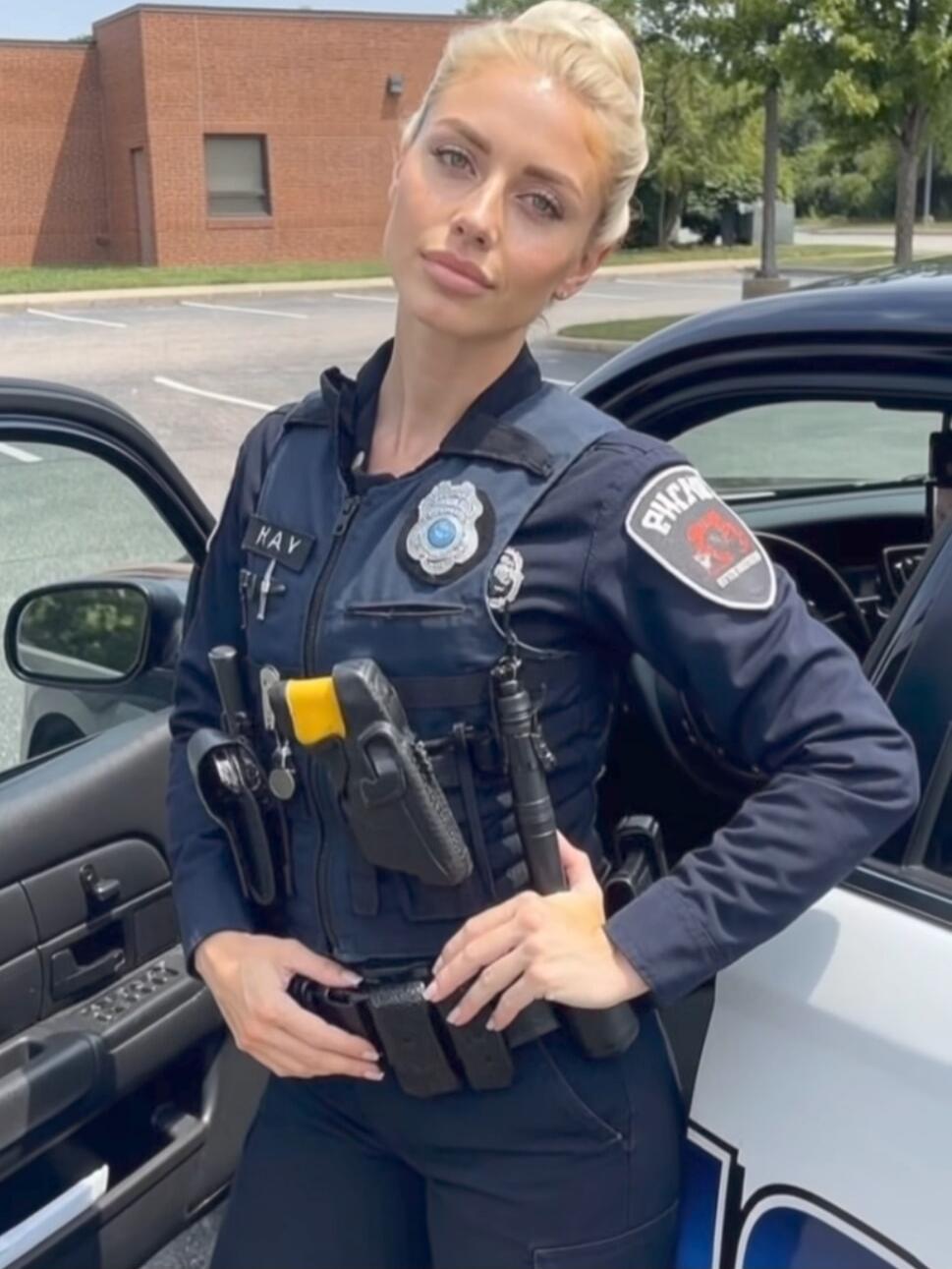 A female police officer in uniform standing with hands on her belt, next to a police car with the door open.