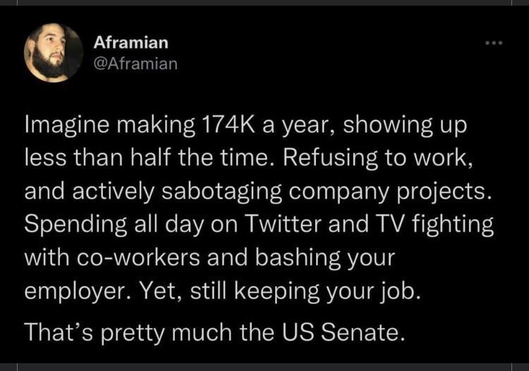 Aframian Aframian Imagine making 174K a year showing up less than half the time Refusing to work and actively sabotaging company projects Spending all day on Twitter and TV fighting with co workers and bashing your employer Yet still keeping your job Thats pretty much the US Senate