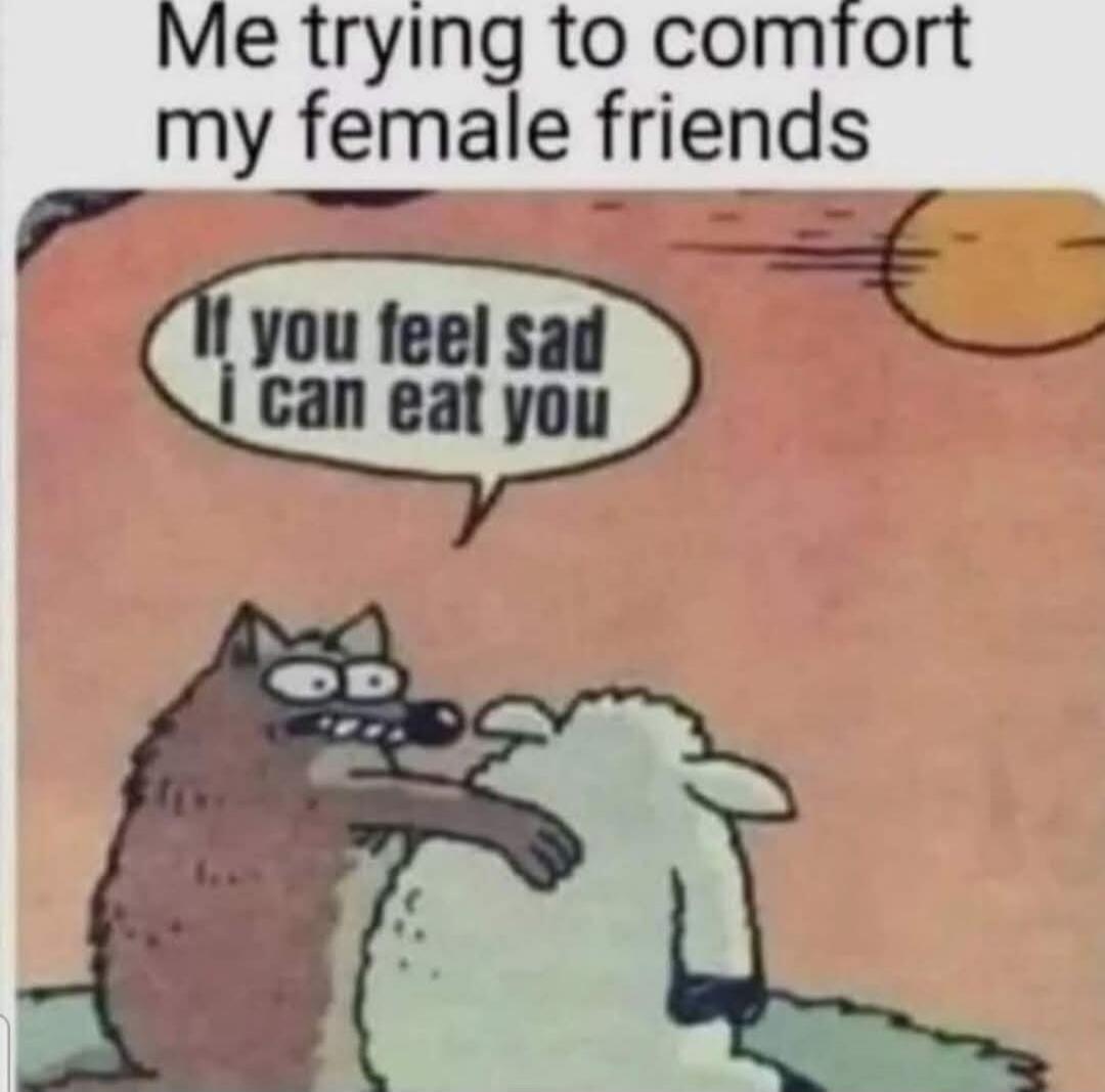Me trying to comfort my female friends. If you feel sad I can eat you.