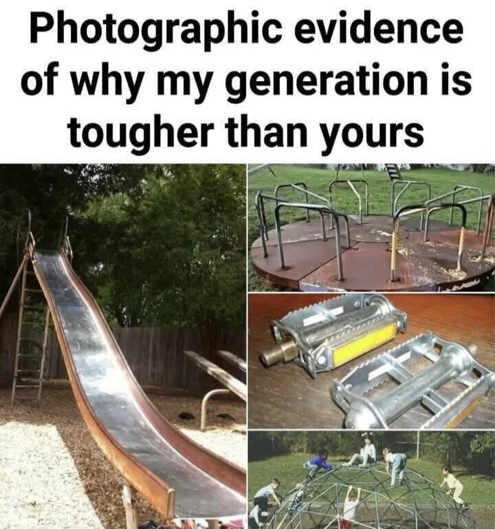 Photographic evidence of why my generation is tougher than yours. The image shows old, potentially dangerous playground equipment: a tall metal slide, a fast-spinning merry-go-round, sharp metal bicycle pedals, and a geodesic dome climbing frame with children on it.