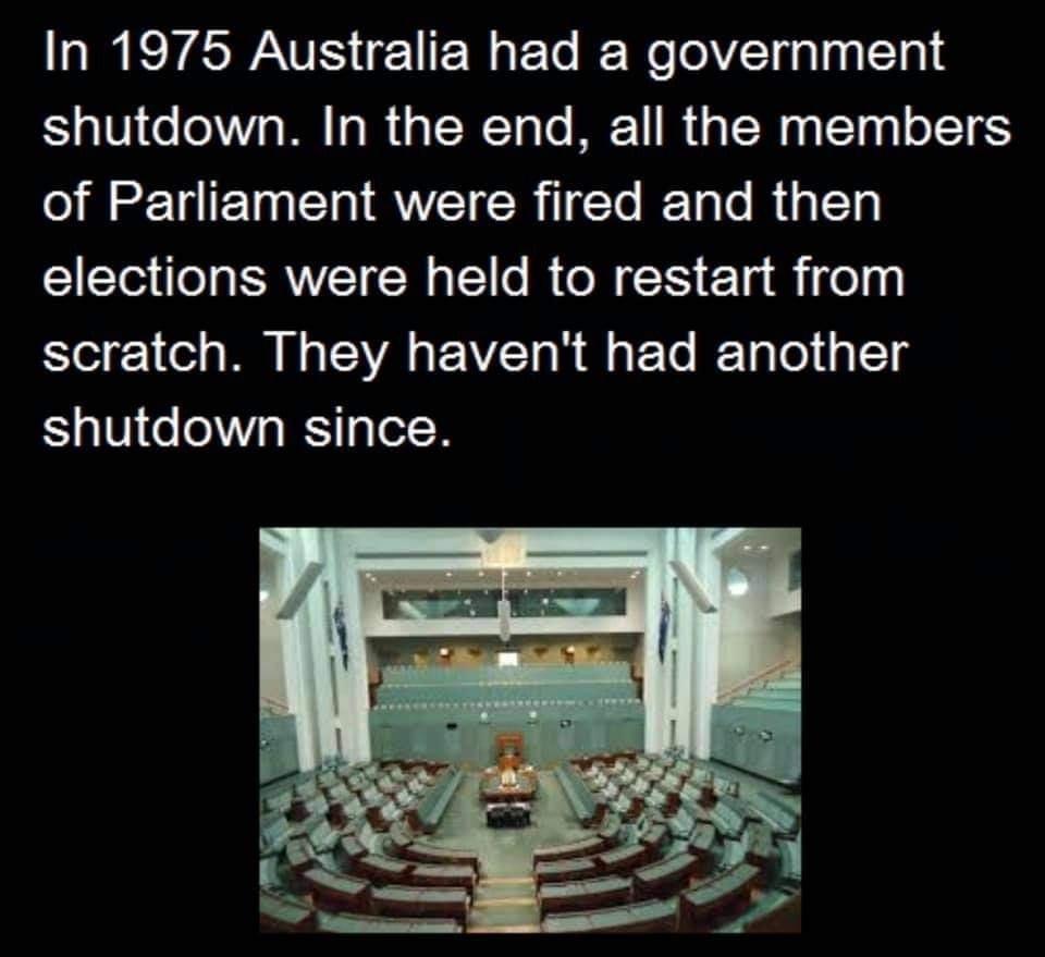 IR TASWANES 1 I W aF To IF WooVTual g l T0 shutdown In the end all the members of Parliament were fired and then elections were held to restart from scratch They havent had another shutdown since