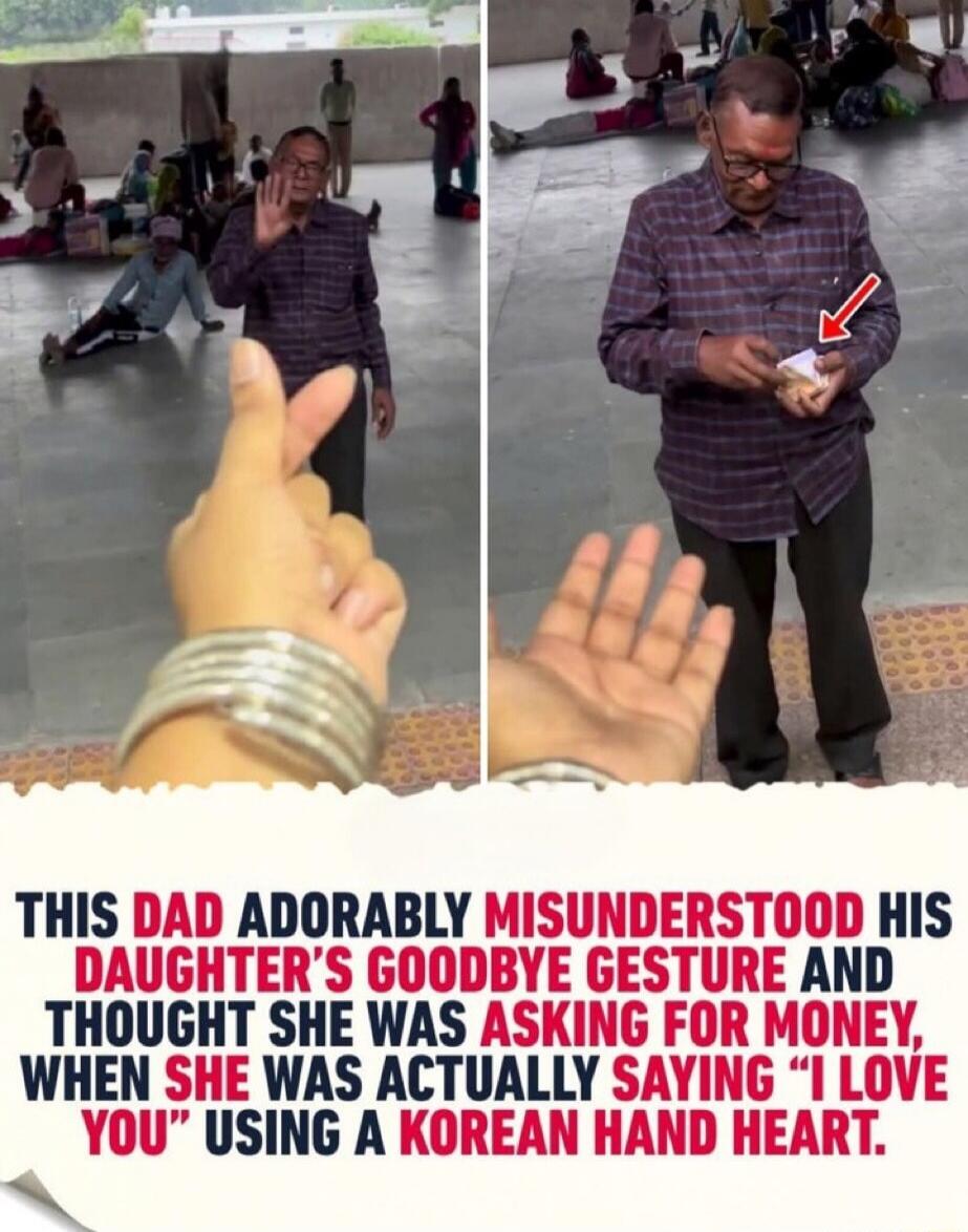 THIS DAD ADORABLY MISUNDERSTOOD HIS DAUGHTER'S GOODBYE GESTURE AND THOUGHT SHE WAS ASKING FOR MONEY, WHEN SHE WAS ACTUALLY SAYING 'I LOVE YOU' USING A KOREAN HAND HEART.