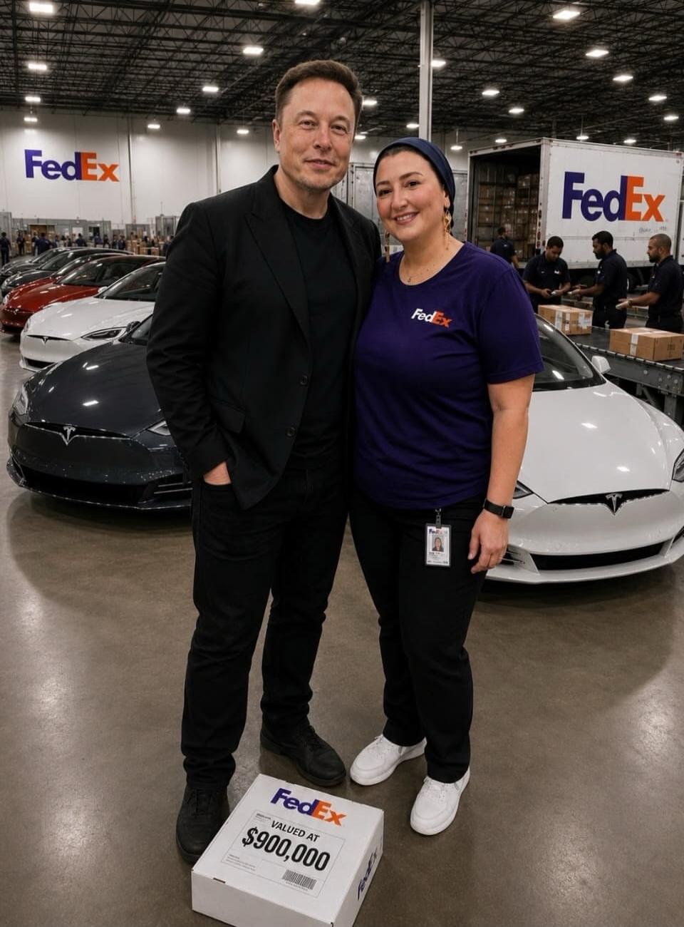 Elon Musk and a woman in a FedEx uniform stand in a large warehouse. Behind them are several Tesla cars and a FedEx truck. A white box on the floor in front of them is labeled 'FedEx VALUED AT $900,000'.