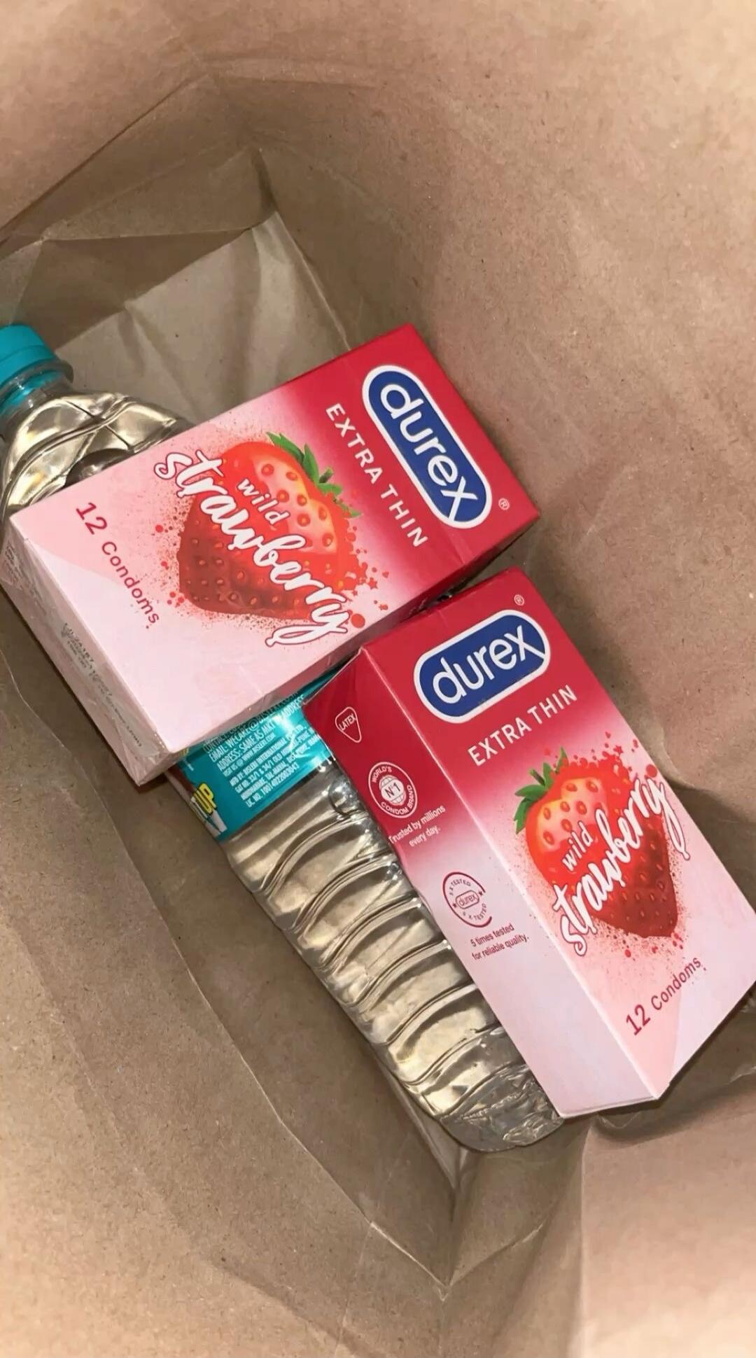 Durex Extra Thin Strawberry condoms box. 12 Condoms. Wild Strawberry.