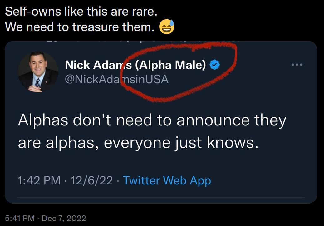 Self owns like this are rare We need to treasure them Nick Adams Alpha Male NI RERELIVEYY Alphas dont need to announce they are alphas everyone just knows 142 PM 12622 Twitter Web App