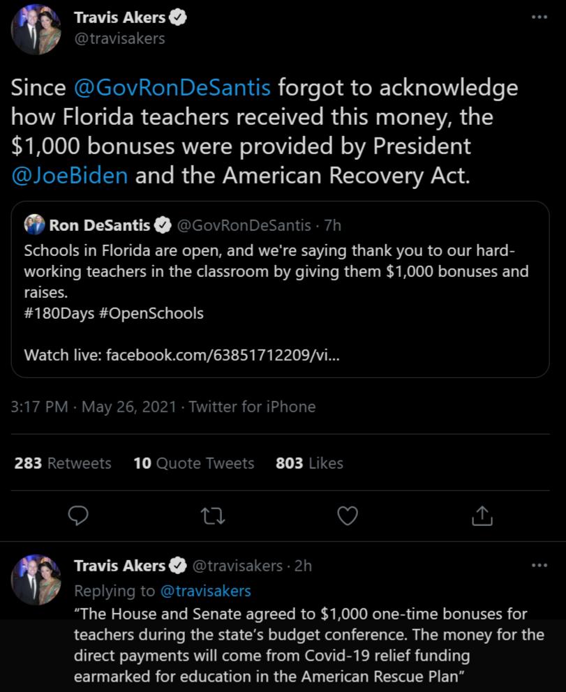 Travis Akers UEVEETE S N al REICIeIIeIaIDIENEIIER o e o R e Tel el Te e how Florida teachers received this money the 1000 bonuses were provided by President ICTITICISTaTaTe ToWAY o IV o Ty ALYl VT g ViYL Ron DeSantis GovRonDeSantis 7h Nelele NI R el T EIETCRe oI W Ty To RUTR R W e R EL TS YCIVR ReIV EI o B8 working teachers in the classroom by giving them 1000 bonuses and raises 180Days OpenSchool