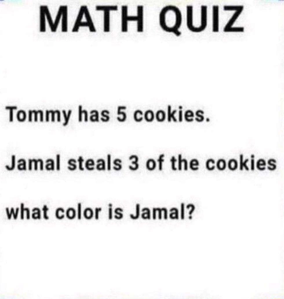 MATH QUIZ Tommy has 5 cookies Jamal steals 3 of the cookies what color is Jamal