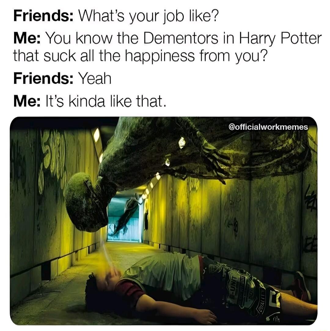 Friends Whats your job like Me You know the Dementors in Harry Potter that suck all the happiness from you Friends Yeah Me Its kinda like that officialworkmemes