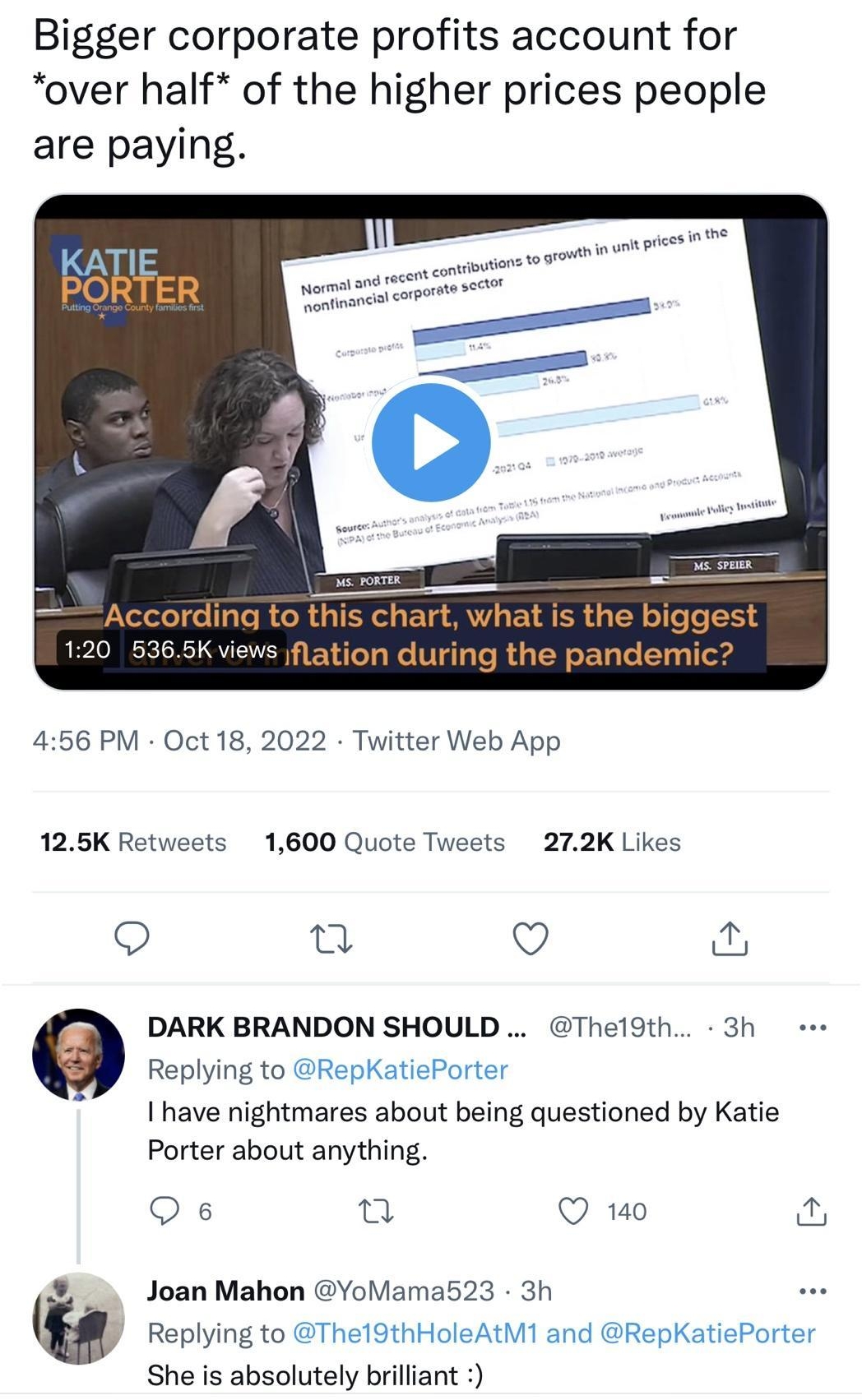 cRenkatiePorter Bigger corporate profits account for over half of the higher prices people are paying 120 5365 456 PM Oct 18 2022 Twitter Web App 125K Retweets 1600 Quote Tweets 272K Likes el Q DARK BRANDON SHOULD Thel9th 3h Replying to RepKatiePorter 1 have nightmares about being questioned by Katie Porter about anything Qs Q 1o for Joan Mahon YoMama523 3h Replying to The19thHoleAtM1 and RepKatie