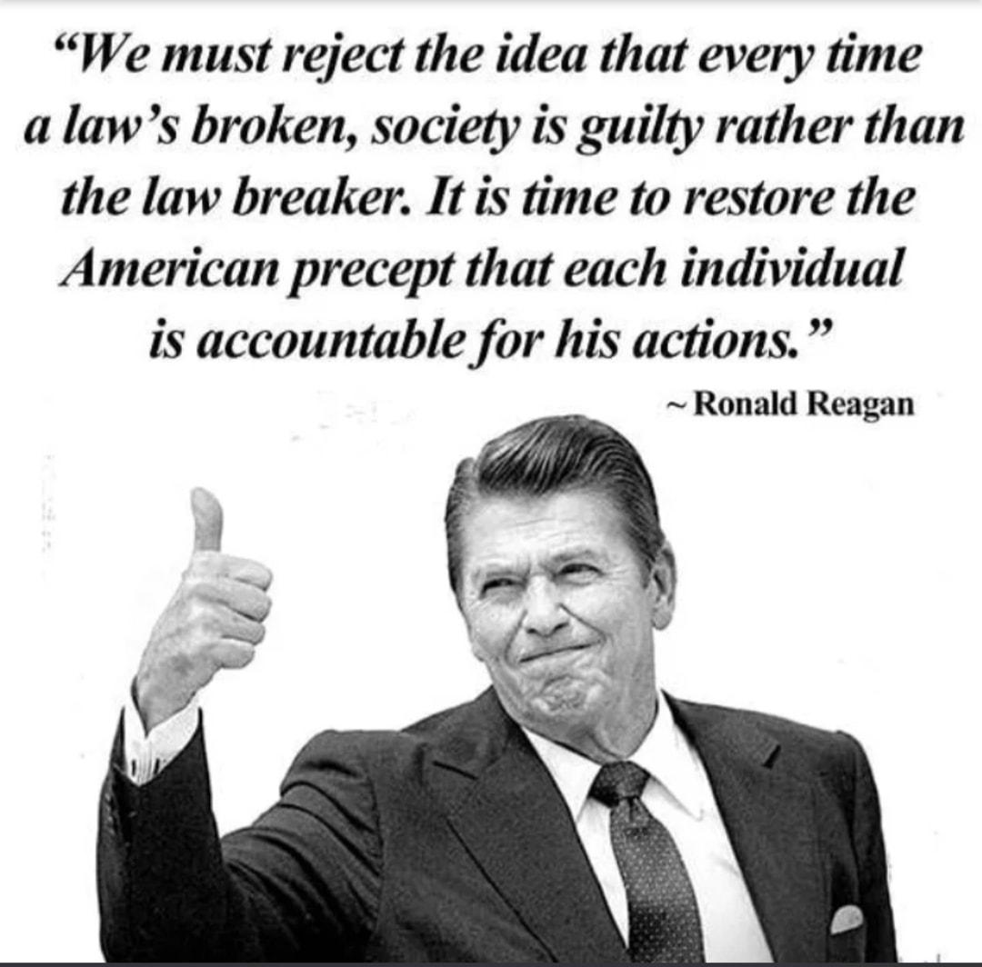 We must reject the idea that every time a laws broken society is guilty rather than the law breaker It is time to restore the American precept that each individual is accountable for his actions Ronald Reagan