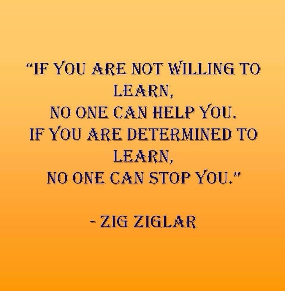 IF YOU ARE NOT WILLING TO LEARN, NO ONE CAN HELP YOU. IF YOU ARE DETERMINED TO LEARN, NO ONE CAN STOP YOU. - ZIG ZIGLAR