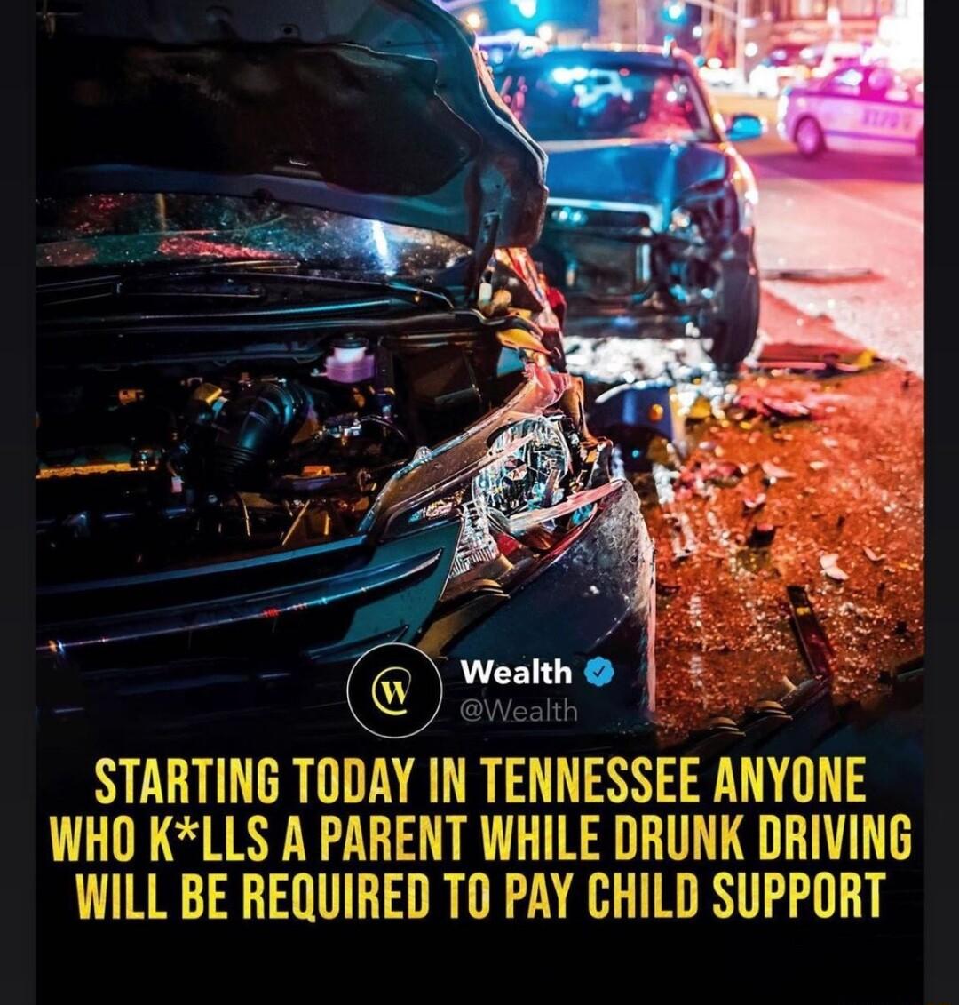 STARTING TODAY IN TENNESSEE ANYIIIE WHO KLLS A PARENT WHILE DRUNK DRIVING WILL BE REQUIRED TO PAY CHILD SUPPORT