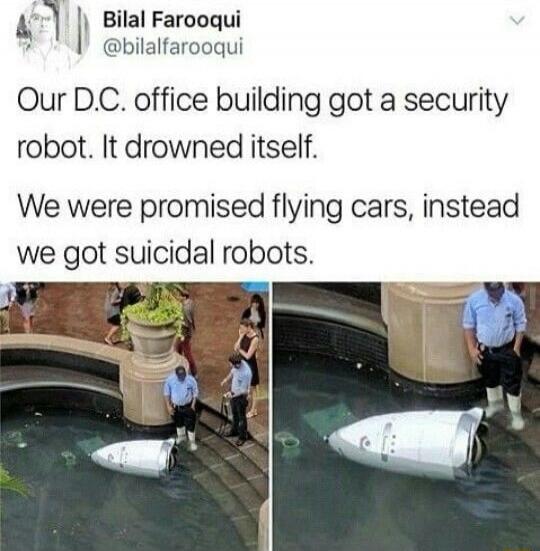 Our D.C. office building got a security robot. It drowned itself. We were promised flying cars, instead we got suicidal robots.
