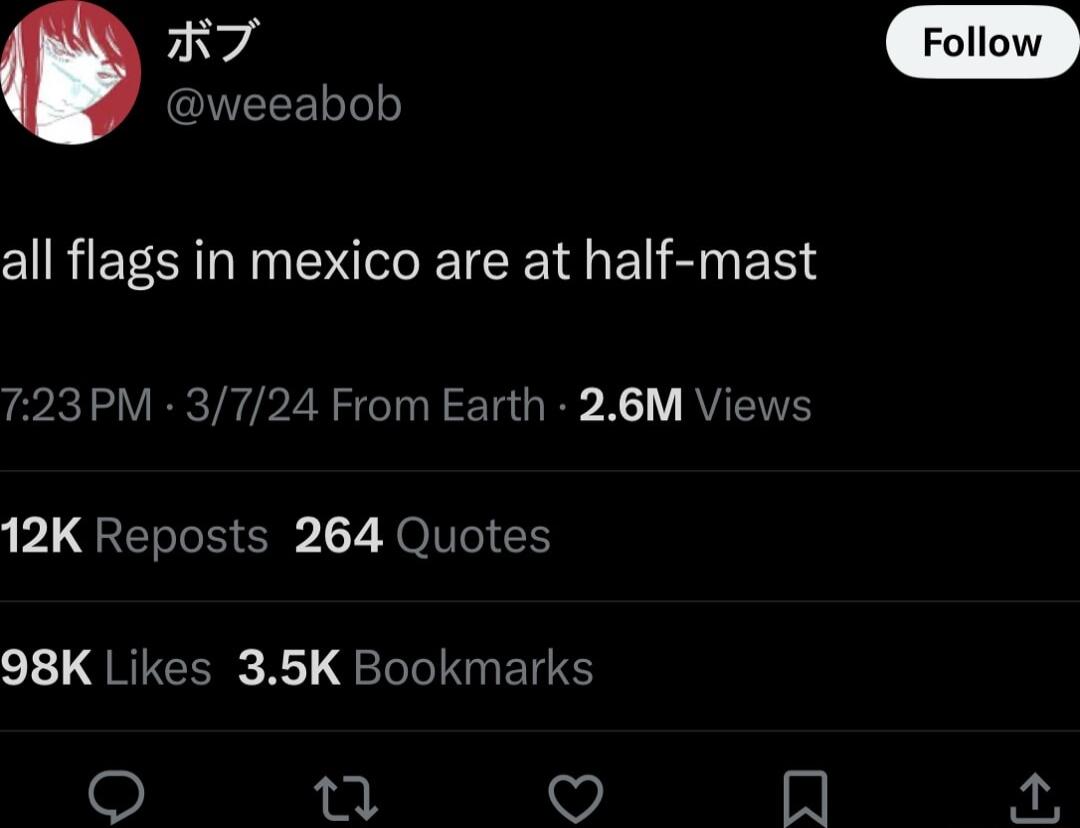 Follow all flags in mexico are at half mast 723PM 3724 From Earth 26M Views PG ET TS S 17 SOl 1 98K Likes 35K Bookmarks 1 W In 2