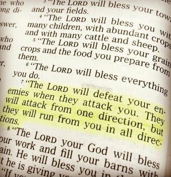 The LORD will defeat your enemies when they attack you. They will attack from one direction, but they will run from you in all directions.