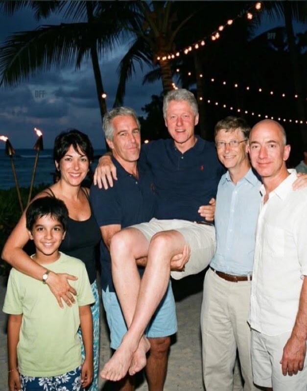 BFF. A group photo featuring Ghislaine Maxwell, Jeffrey Epstein carrying Bill Clinton, Bill Gates, Jeff Bezos, and a young boy on a beach at night with palm trees and string lights.