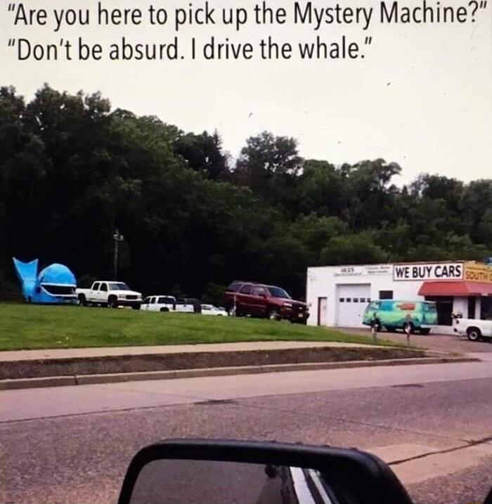 Are you here to pick up the Mystery Machine Dont be absurd drive the whale