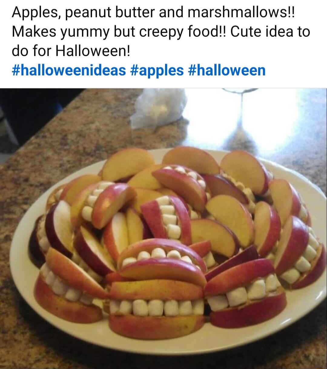 Apples peanut butter and marshmallows Makes yummy but creepy food Cute idea to do for Halloween