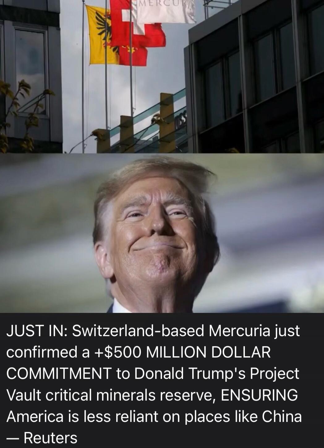 JUST IN: Switzerland-based Mercuria just confirmed a +$500 MILLION DOLLAR COMMITMENT to Donald Trump's Project Vault critical minerals reserve, ENSURING America is less reliant on places like China — Reuters
