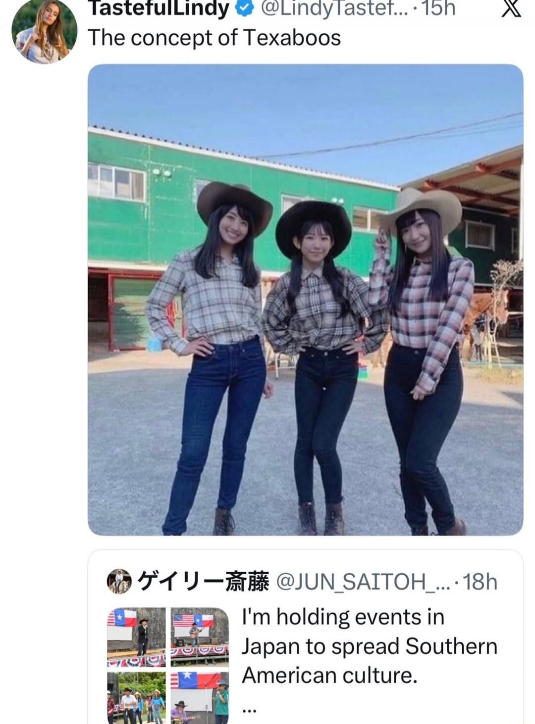 TastefulLindy @LindyTastef... 15h X The concept of Texaboos ゲイリー斎藤 @JUN_SAITOH_... 18h I'm holding events in Japan to spread Southern American culture.
