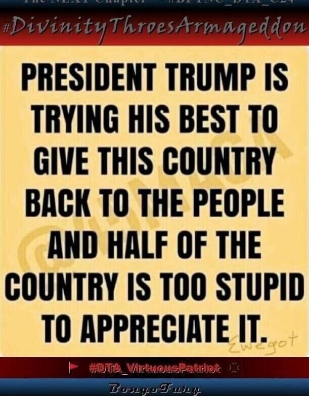 PRESIDENT TRUMP IS TRYING HIS BEST TO GIVE THIS COUNTRY BACK TO THE PEOPLE AND HALF OF THE COUNTRY IS TOO STUPID TO APPRECIATE IT. #DivinityThroesArmageddon #DTA_VirtuousPatriot BongoFunny