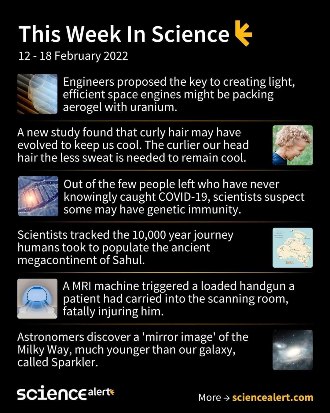 This Week In Science 12 18 February 2022 Engineers proposed the key to creating light efficient space engines might be packing W aerogel with uranium Anew study found that curly hair may have evolved to keep us cool The curlier our head hair the less sweat is needed to remain cool Out of the few people left who have never knowingly caught COVID 19 scientists suspect some may have genetic immunity 