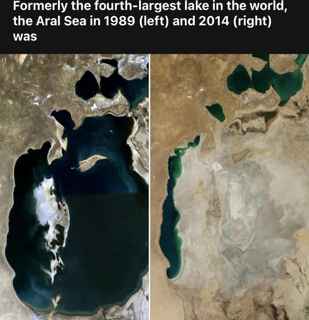 Formerly the fourth largest lake in the world the Aral Sea in 1989 left and 2014 right was