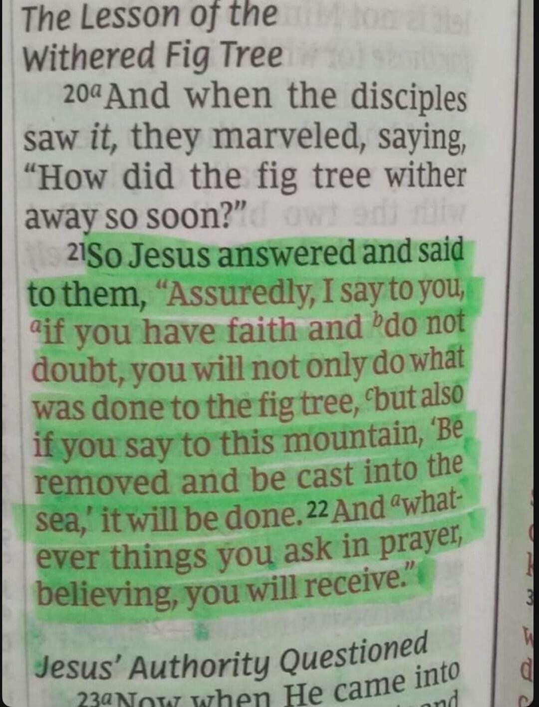 The Lesson of the Withered Fig Tree
20a And when the disciples saw it, they marveled, saying, 