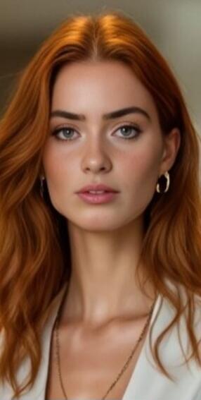 Portrait of a woman with red hair, wearing hoop earrings.