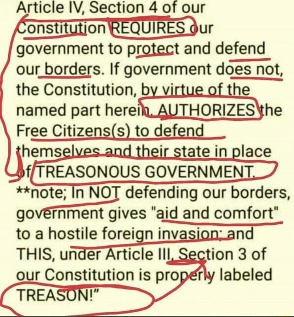 Article IV Section 4 of our government to protect and defend our_borders If government does not the Constitution by virtue of the named part herehe Free Citizenss to defend hemselvesand their state in place TrEASONOUS COUERVENT rtei_n_rjg defending our borders government gives aid and comfort toa hOSj_e___eisli__Viiim na THIS under Article Il i