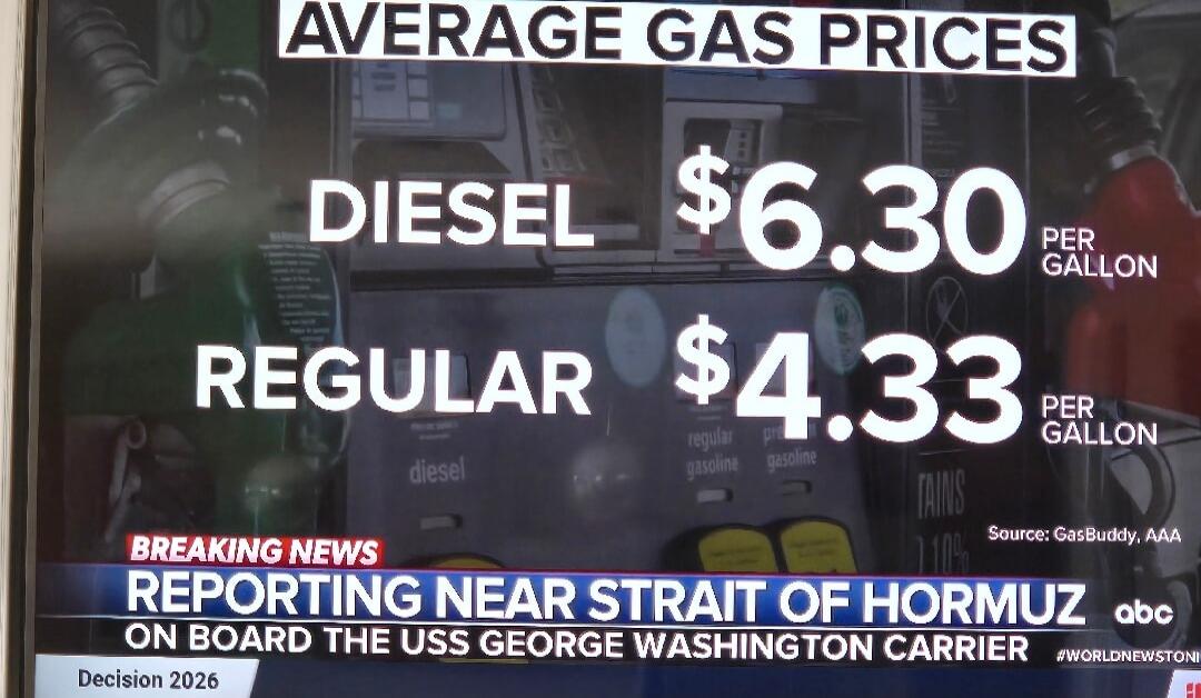 AVERAGE GAS PRICES DIESEL $6.30 PER GALLON REGULAR $4.33 PER GALLON BREAKING NEWS REPORTING NEAR STRAIT OF HORMUZ ON BOARD THE USS GEORGE WASHINGTON CARRIER Source: GasBuddy, AAA Decision 2026 #WORLDNEWSTONIGHT
