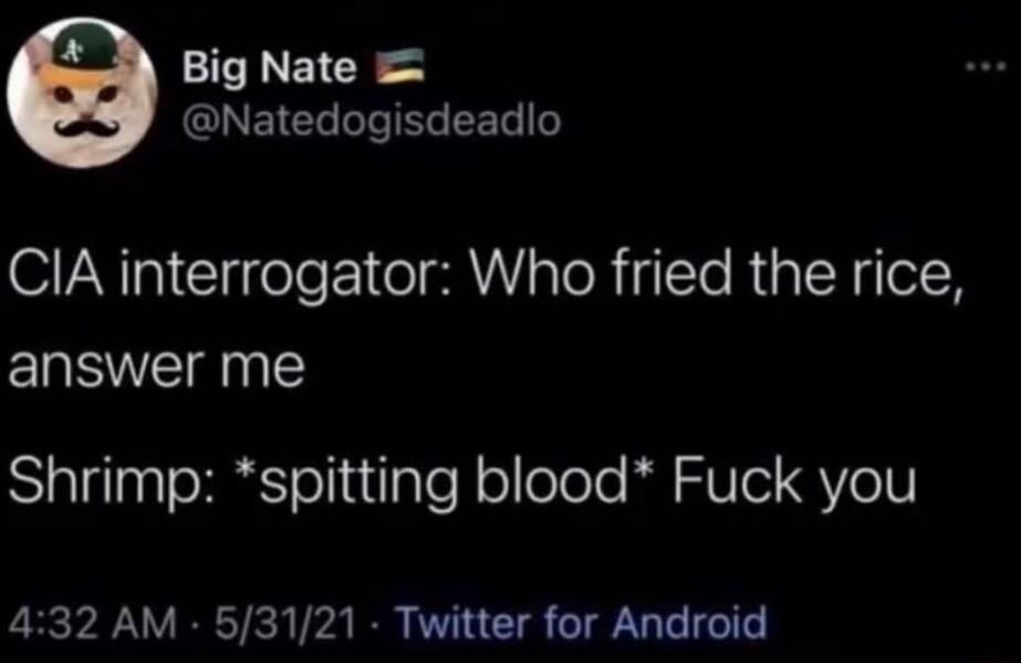 Big Nate GUEIC G LR CIA interrogator Who fried the rice answer me SlalglasloMaSeliuilalel ollelele Rl Vl G Vo1V 432 AM 53121 Twitter for Android