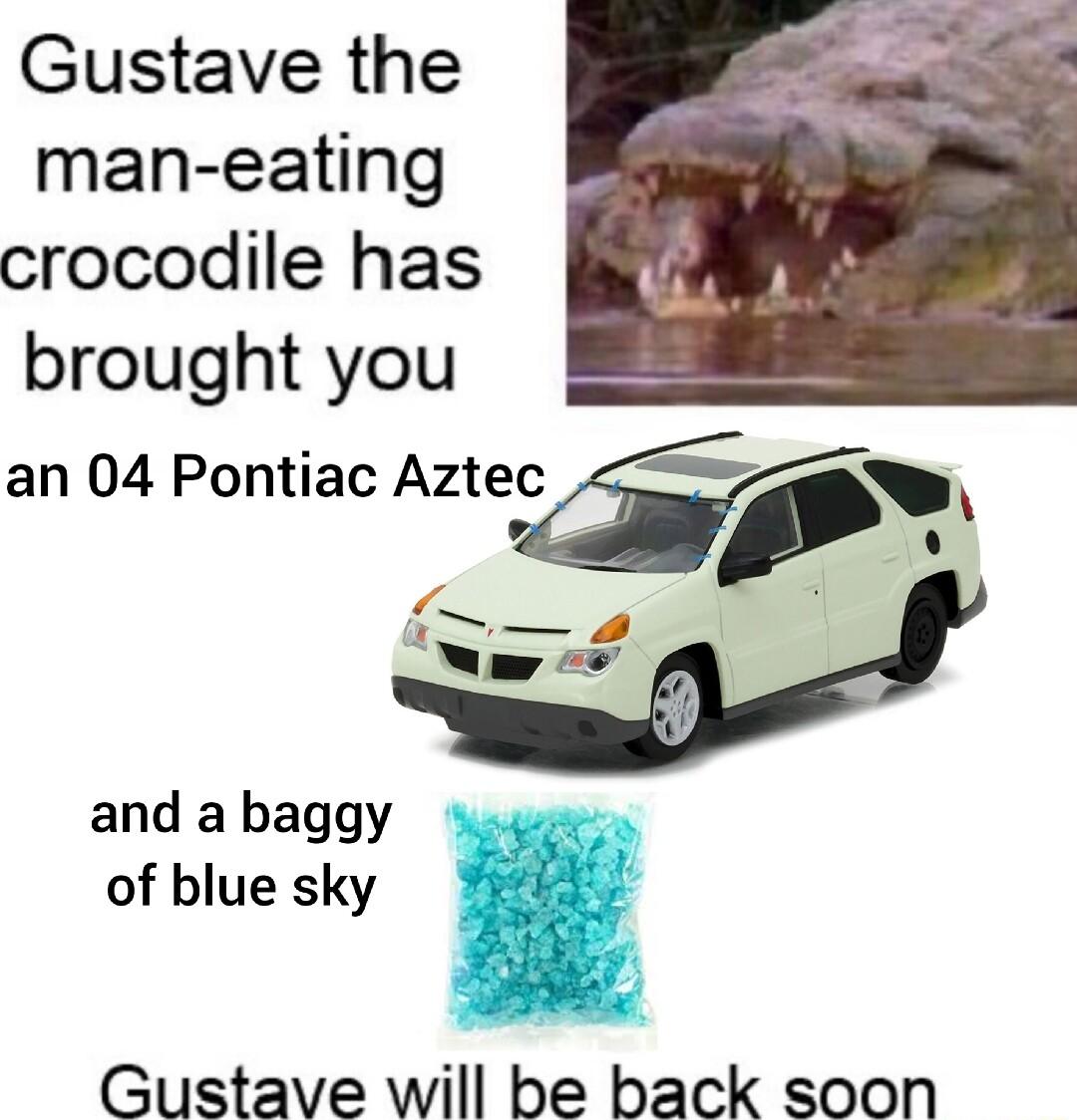 Gustave the man eating crocodile has brought you an 04 Pontiac Aztec and a baggy of blue sky Gustave will be back soon