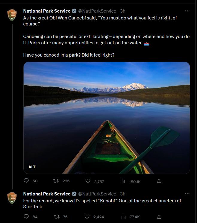 National Park Service a17k5erice 31 s the great Obi Wan Canoebi said You must do what you feel s right of Canoeing can be peaceful o exhilrating depending on where and how you do tParks offer many opportunites to get ot on the water Have you canoed n a park Did 1t feelright nr O U Qaw b owox National Park Service 1a17kService 31 For the record we know s spelled KenobL One of the great characters o
