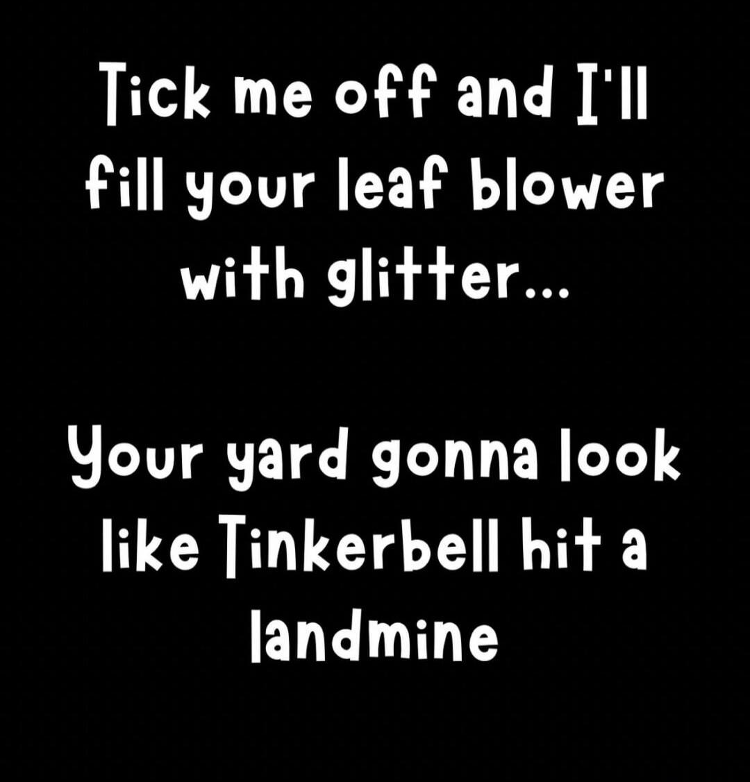 Tick me off and I'll fill your leaf blower with glitter... Your yard gonna look like Tinkerbell hit a landmine